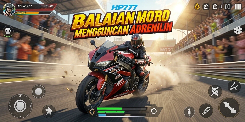 Screenshot HP777 menampilkan aksi balapan motor yang intens.