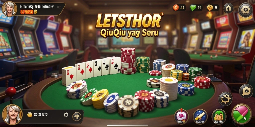 Screenshot gameplay QiuQiu LETSTHOR yang menampilkan kartu dan suasana permainan.