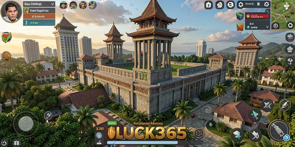 Tampilan gameplay LUCK365 dengan menara dan musuh beragam.